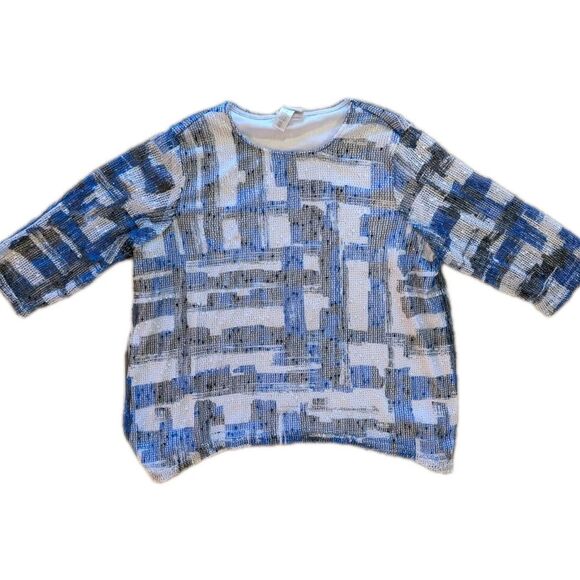 Alfred Dunner Woman 1X Top Blue White Black Abstract Geometric Textured Knit - Picture 1 of 11